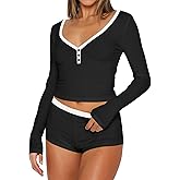 Ezbelle Lounge Set Women's V Neck Pajama Button Shirt Matching Two Piece Knit Long Sleeve Pjs Short Summer Outfits