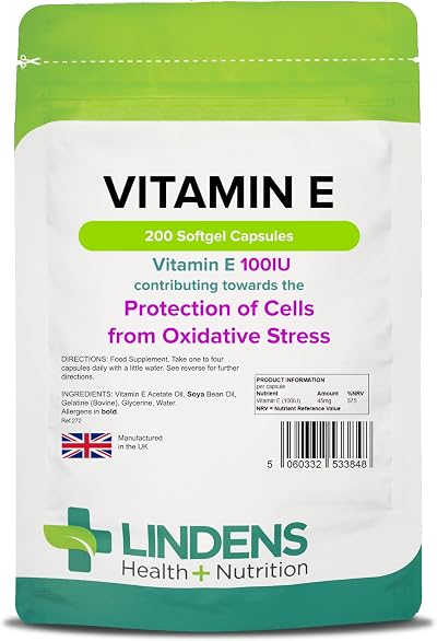Lindens Vitamin E Oil 100IU 200 Capsules UK Made Skin Antioxidant