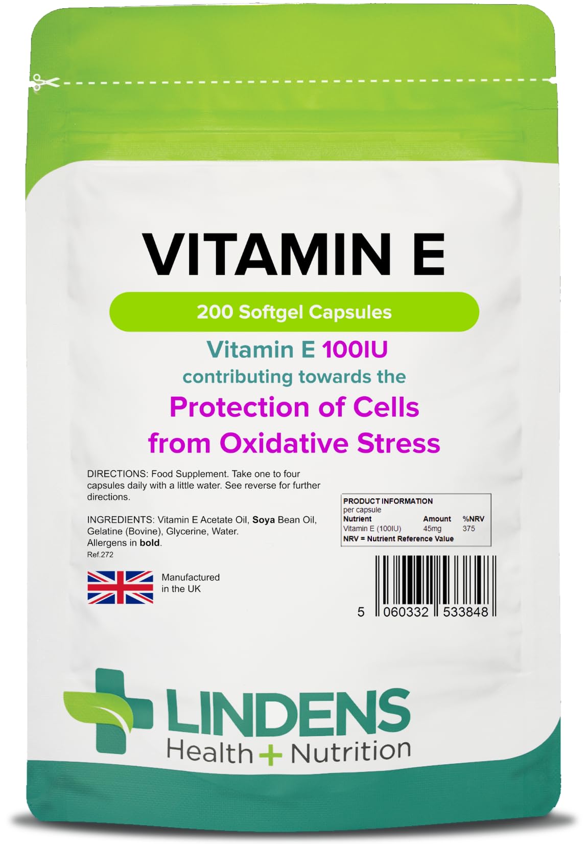 Lindens Vitamin E Oil 100IU - 200 Capsules - UK Made - Skin - Powerful Antioxidant | Protection of Cells from Oxidative Stress | Vitamin E Capsules | Letterbox Friendly