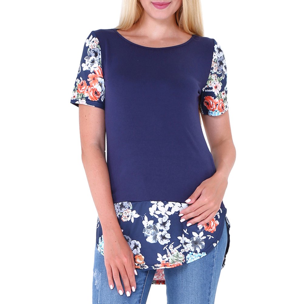 Pullover Casual Tees T-Shirt Floral Printed Tunic Tank Tops for Women Navy Blue Plus Size