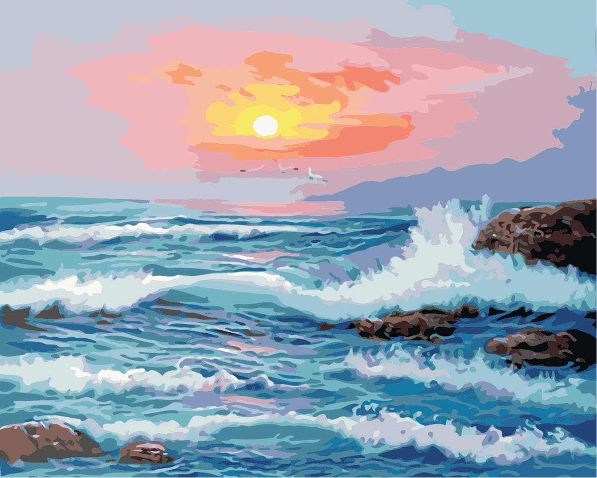 YEESAM ART Paint by Numbers for Adults Beginners Sunset Sea Waves 16x20 inch Linen Canvas Acrylic DIY Number Painting Kits Wall Art Decor Gifts - Image 3