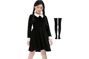 BesserBay 2pcs Halloween Girls Peter Pan Collar Velvet Black Swing Dress with High Socks 4-14 Years
