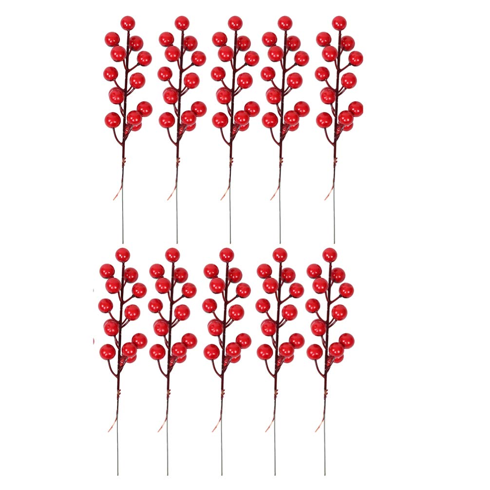 NUOBESTY 10Pcs Artificial Holly Berries Stems Christmas Winter Fake Berries Bunch Faux Cranberries Branches for Table Centerpiece Festival Holiday Decor (Red)