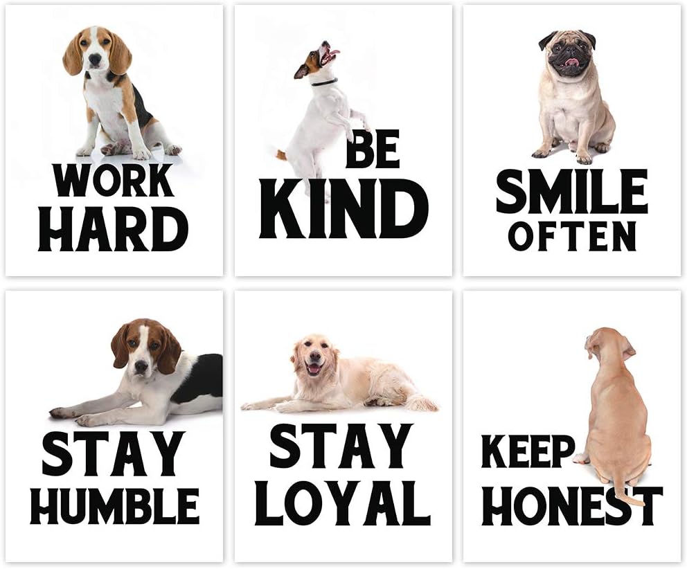 Puppy Positive Quote Art Print,Be Kind Lovely Dog Canvas Wall Art Set Of 6(8”X10”,Unframed),Funny & Cute Animal Inspirational Painting Poster For Pet Lovers Kid Bedroom Playroom Decor