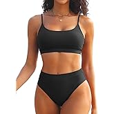 Tempt Me Women High Waisted Bikini Set Athletic Two Piece Swimsuits Sporty High Cut Bathing Suit with Scoop Neck