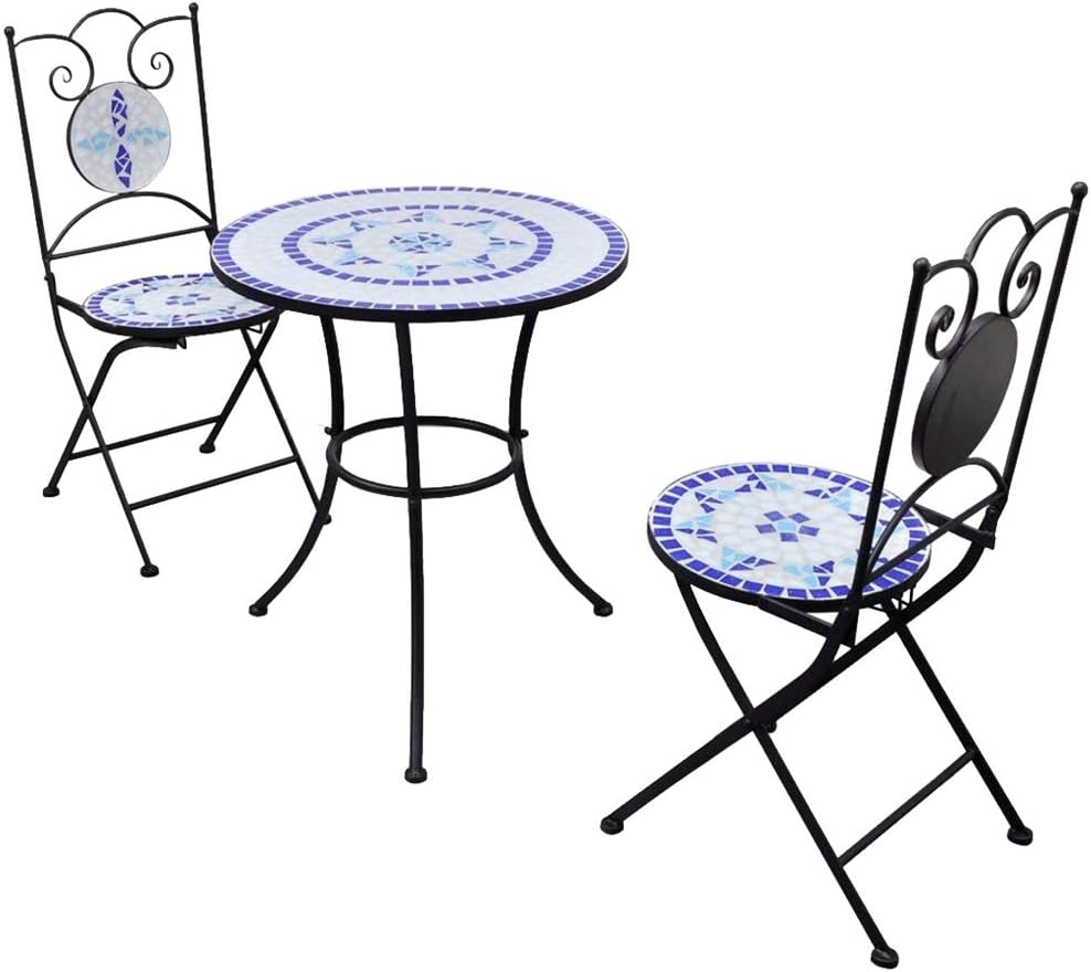 3 Piece Mosaic Table Bar Set, Outdoor Table Set, Bar Table Set Ceramic Tile Blue and White