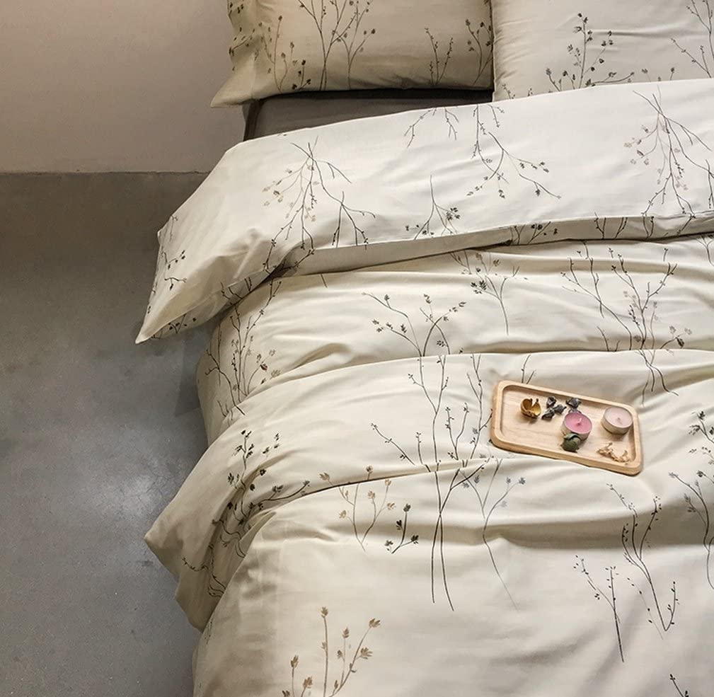 Photo 1 of Eikei Modern Vintage Retro Mod Print Bedding Egyptian Cotton Duvet Cover Set Minimalist Chic Botanical Design Asian Zen Style Reversible Pattern in Full Queen or King Size (Queen, Neutral Tan)