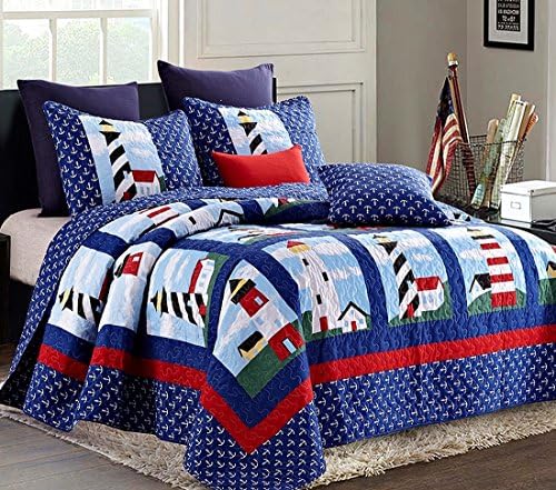Nautical Lighthouse 3pc Full/Queen Size Quilt Set (90"x90" Full/Queen Quilt + Two Standard Pillow Shams) …
