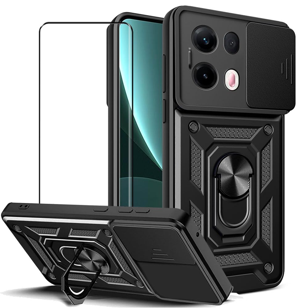 Photo 1 of CNPUTAO Case for Oppo Reno 13 Pro 5G with Tempered Glass Screen Protector,Sliding Camera Window, Kickstand, Shock-Proof Anti-Scratch Dual-Layer Phone Cover, Black