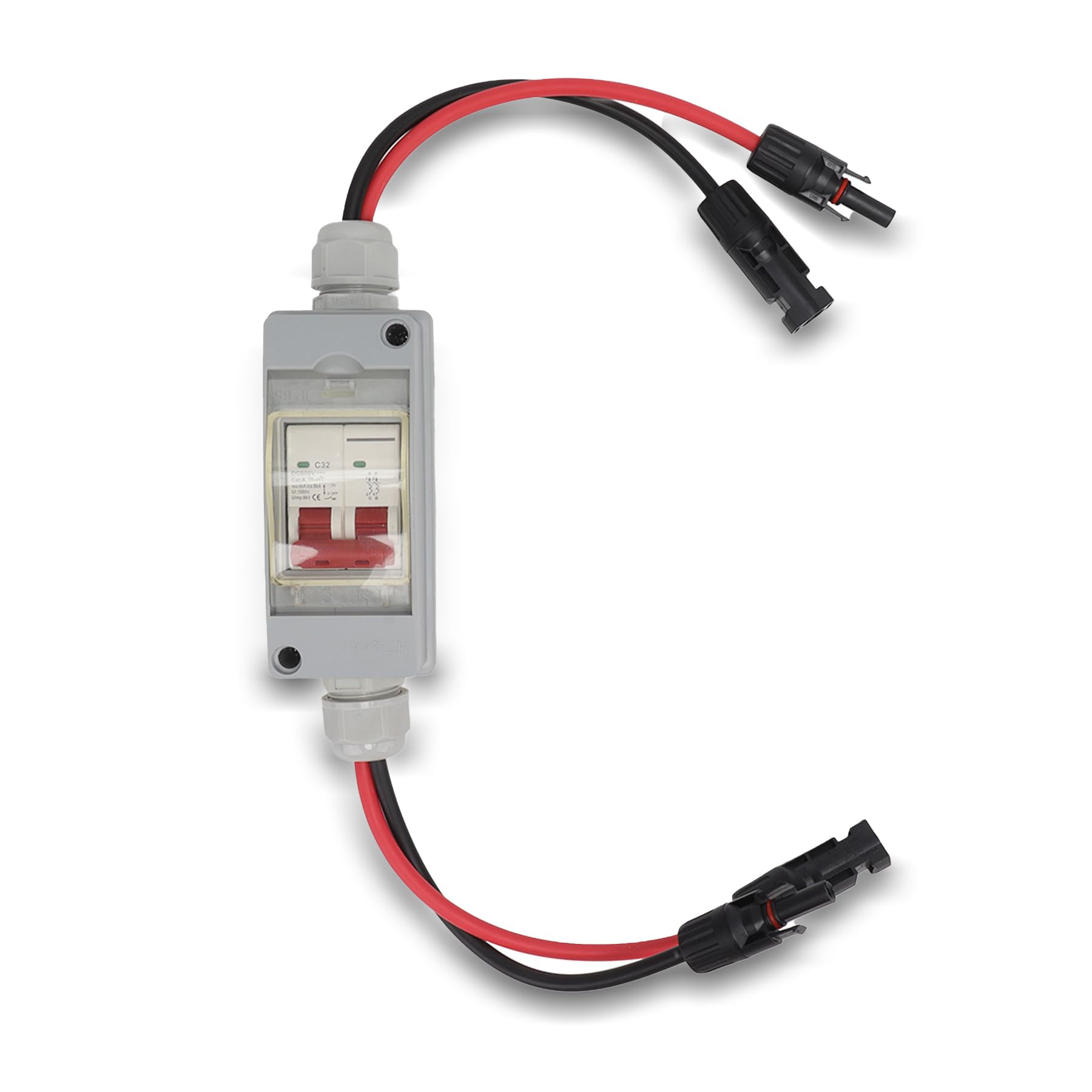 flexman DC 500V 32A Miniature Circuit Breaker, MCB 2P Solar Disconnect Switch, Circuit Breaker with IP65 Waterproof Distribution, Box Output Cable Gland M20 6Mmx2(with wires)