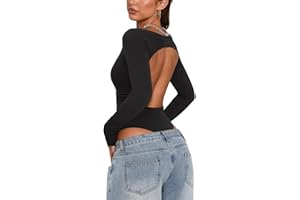 PINKMSTYLE Women Open Back Long Sleeve Bodysuit Boat Neck Double Lined Tops Slim Fit Ruched Backless Going Out Y2K Body Suit