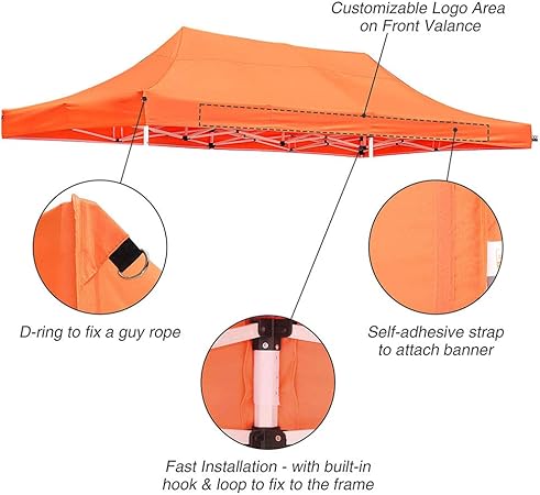 Instahibit 10x20 Easy Pop Up Canopy Top Replacement Instant Patio Pavilion Gazebo Outdoor Waterproof Tent Cover Orange Patio Lawn Garden Patio Furniture Accessories