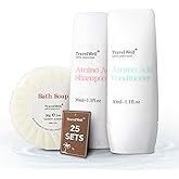 Travel Well Mini Shampoo & Conditioner Set - Amino Acid Travel Shampoo & Conditioner - Paraben-Free Mini Soap Bars Guest Bathroom Toiletries - 25 Bottles (1.01 Fl Oz) & 25 Bars (28 g)
