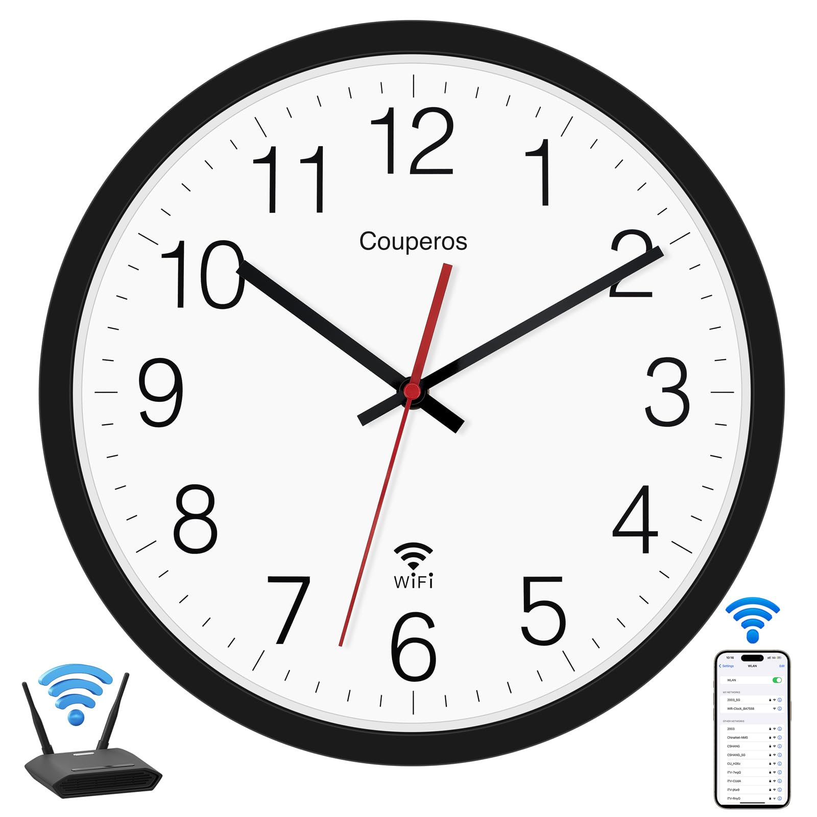 Photo 1 of Couperos WiFi Wall Clock with Auto-DST 12 Inch, Silent Non-Ticking Round Modern Battery Powered Clock Smart Analog WiFi Clock for Home Office Kitchen Bathroom