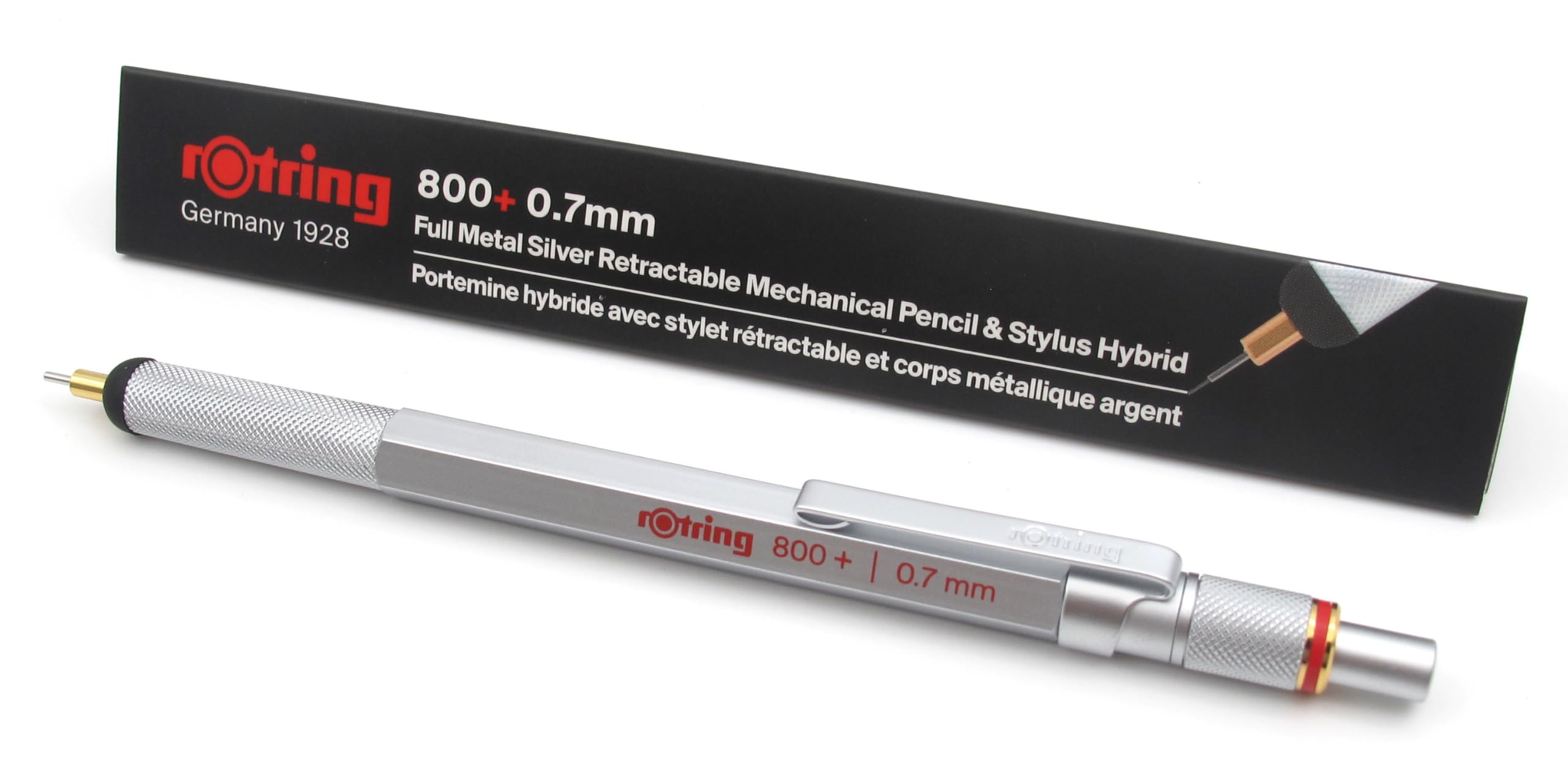 Rotring 800+ Mechanical Pencil With Touchscreen Stylus - 0.7mm - Unique Twist & Click Action - Silver Metal Barrel - Gift Boxed
