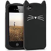 kwmobile Case Compatible with Apple iPhone 4 / 4S - Cat Case Soft Cute Protective Silicone Cover - Black/White