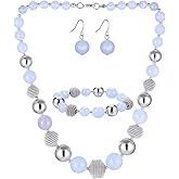 PEARL&CLUB Beaded Chunky Statement Necklace Earring and Bracelet Set Silver Metal Bead Fashion Jewelry Set Mothers’ Day Gifts for Women