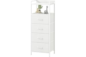 Somdot White Nightstand with 4 Drawers, Vertical Storage Tower Fabric Dresser for Bedroom, Nightstand Bedside Table Furniture, Sturdy Steel Frame, Wooden Top & Easy Pull Fabric Bins