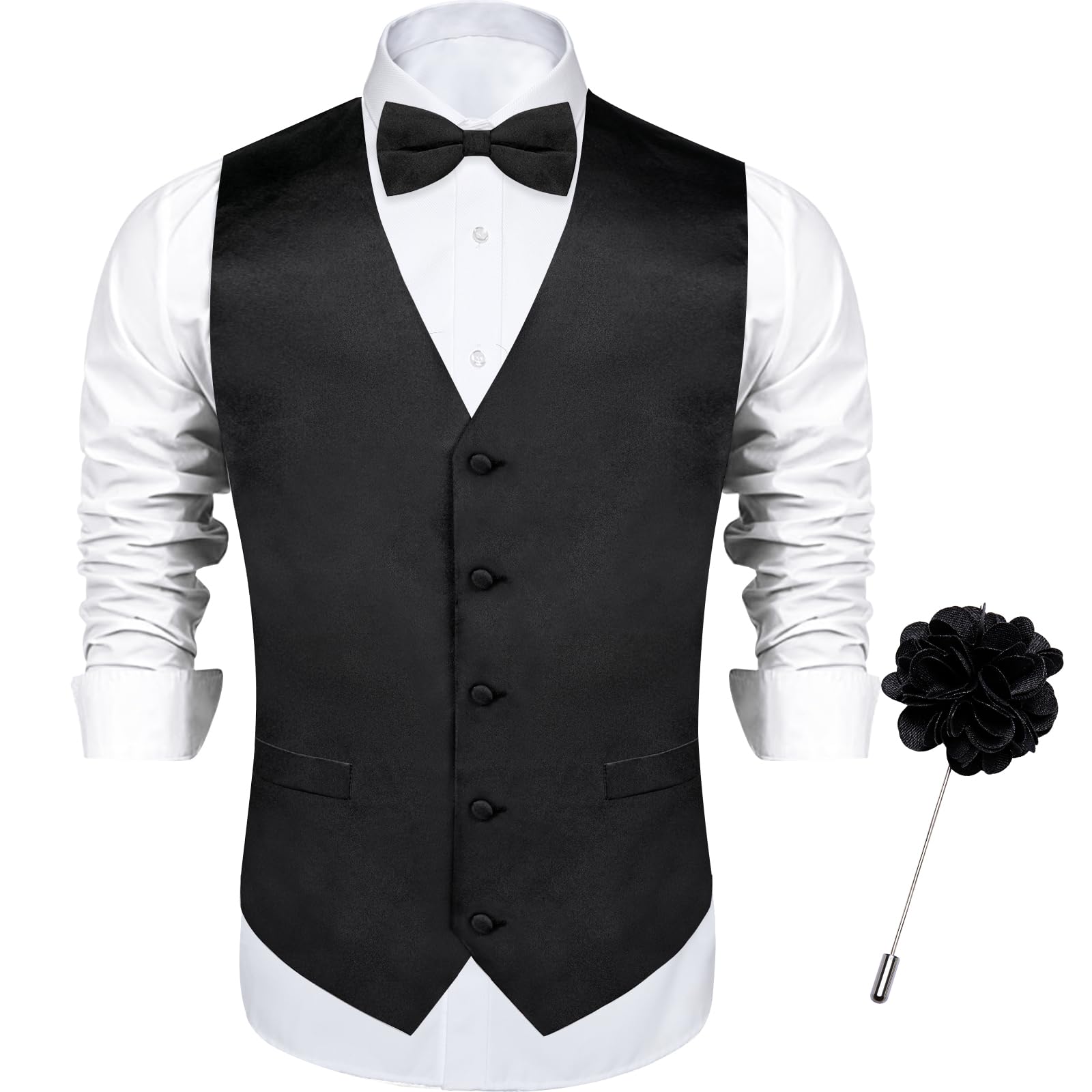 Photo 1 of DiBanGu Mens Satin Vest and Bowtie Lapel Pin Set for Suit or Tuxedo,Solid Dress Waistcoat & Pre-tied Bowtie for Wedding Party, Black, X-Large