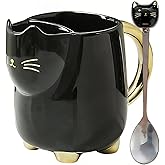 Yuwu 17oz Cat Mug with Tea Bag Holder & Spoon – Cute Ceramic kitty Coffee Cup Gift for Cat Lovers, Women, Girls – Tea Mug for Birthday, Christmas, Valentine’s Day(black)
