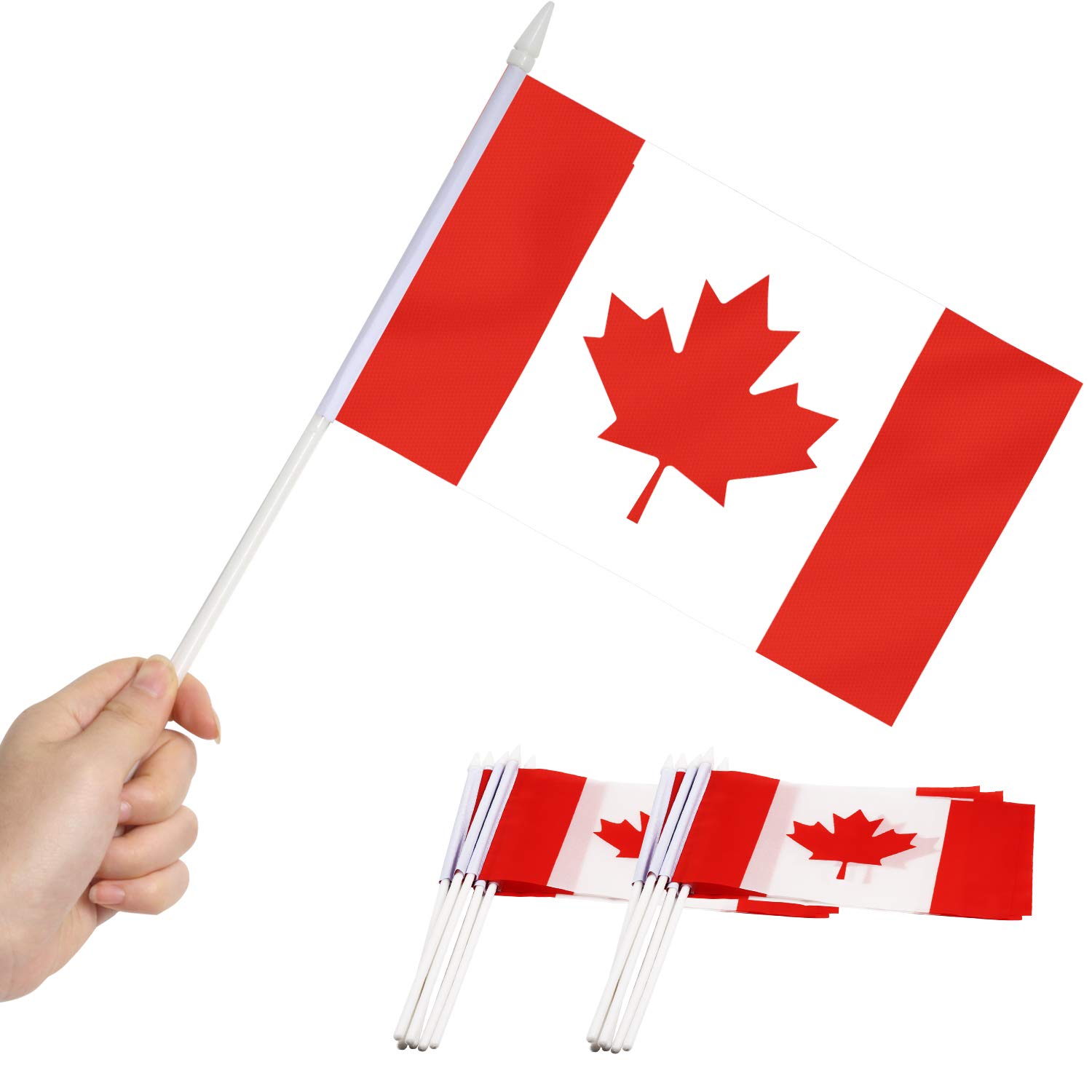 Canada Stick Flag, ANLEY Canadian 5x8 inch (12 X 20cm) HandHeld Mini Flag With 12" (30cm) White Solid Pole - Vivid Color and Fade Resistant - 5 x 8 inch Hand Held Stick Flags With Spear Top (1 Dozen)