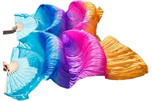 ZHGAOG Belly Dance Faux Silk Veil Fans, 1 Pair(Left+Right) Handmade Belly Dance Fans, Dancing Long Fans, Colorful Belly Dance Fan Veils for Dance Performances Length 180cm Width 90cm