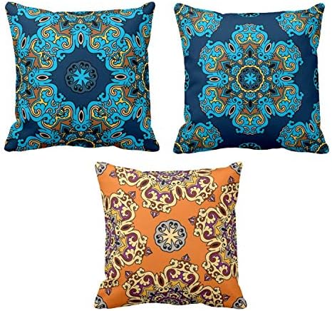 YaYa cafe Charming Indigo Printed Canvas Cotton Cushion Covers for Home Sofa, 24 x 24 inch, Blue -Set of 3