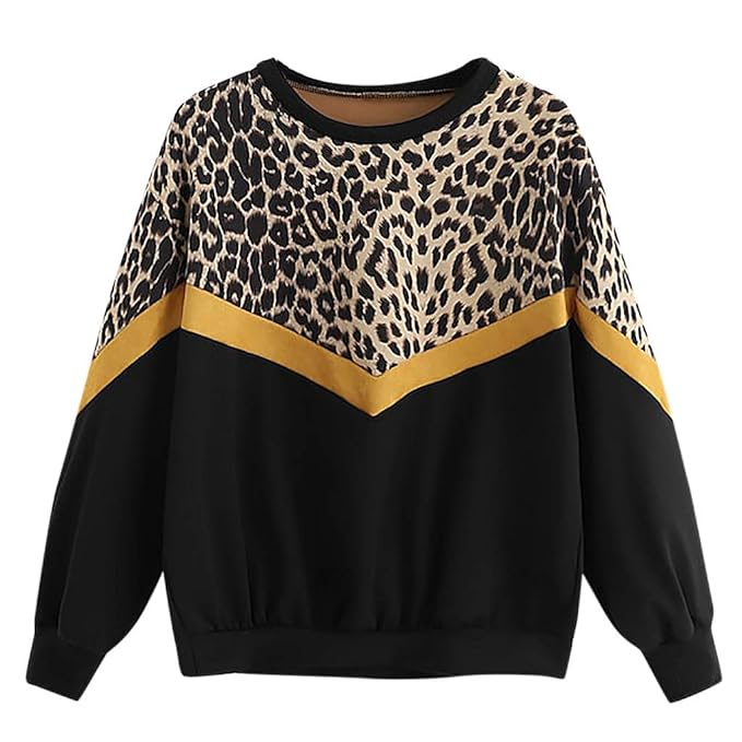 Wraluhen Beiläufiges langes Hülsen Patchwork Leopard Druck Oansatz Oberseiten Sweatshirt Art Weise Damen Button T-Shirts Blus