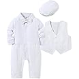 WESIDOM Baby Boy Suit Outfits Set 3pcs,Infant Tuxedo Long Sleeve Gentleman Wedding Jumpsuit & Vest Coat & Beret Hat