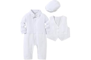 WESIDOM Baby Boy Suit Outfits Set 3pcs,Infant Tuxedo Long Sleeve Gentleman Wedding Jumpsuit & Vest Coat & Beret Hat