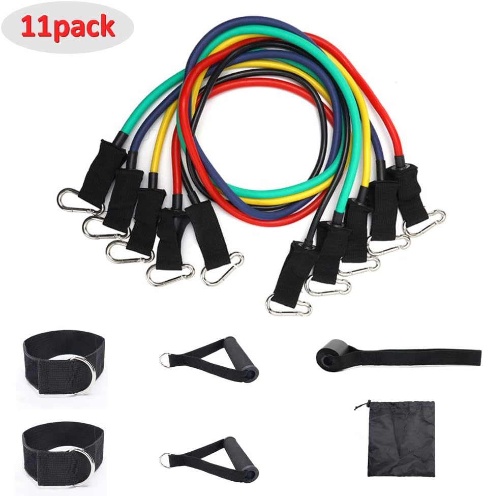 Airsnigi Resistance Bands Set, 11PC Fitness Stretch Workout Bands Kit with 5 Fitness Tube,2 Foam Handles, 2 Ankle Straps, Door Anchor Handles,Ankle Straps and Door Anchor Carrying Pouch for Men Women