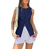 Cicy Bell Womens Round Neck Waistcoat Vest Summer Button up Vest Tops Casual Business Fitted Sleeveless Blazer