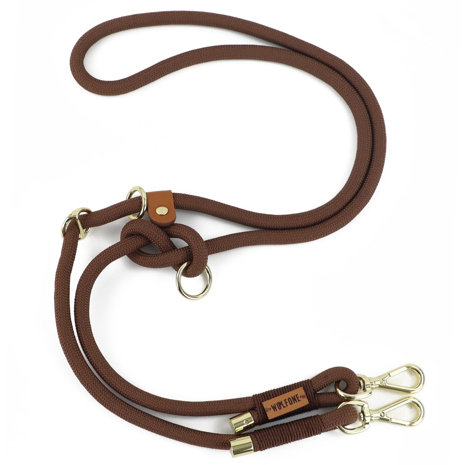 Wolfone Multi-Functional Double-Ended Rope Dog Lead Hand Free Heavy Duty Adjustable Lead for Large Medium Small Dog Brown