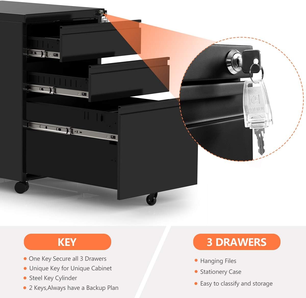 Amazon Com Merax 3 Drawer Mobile File Cabinet With Keys Fully Assembled Except Casters Black Office Products