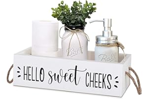 Guokoko Hello Sweet Checks Wooden 2 Sides Bathroom Decor Box Toilet Tank Paper Basket with Rope Handle, Back of Toilet Storage Organizer for Bathroom Tank Topper Counter, White Bathroom Decor Box