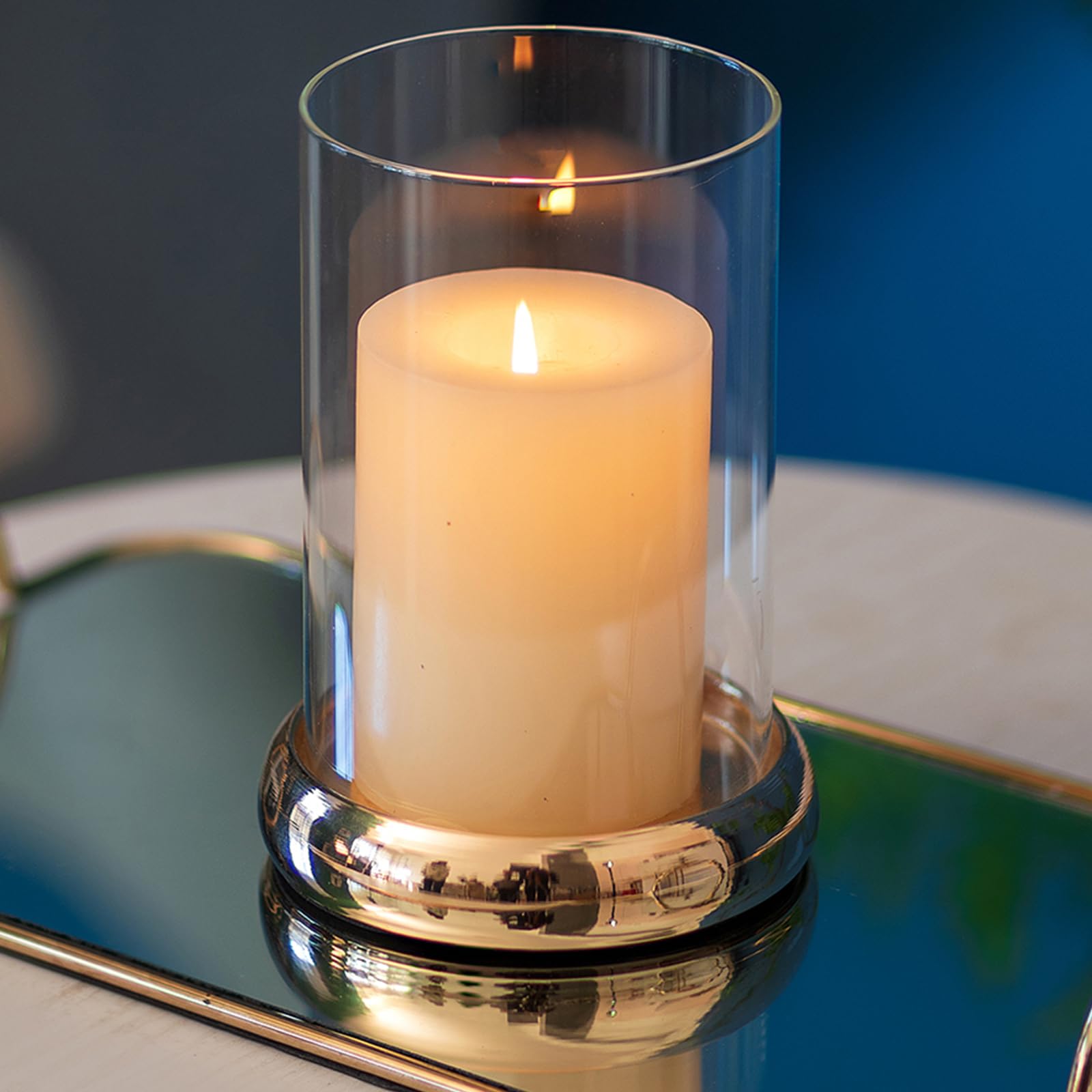 Sziqiqi Hurricane Candle Holder - Clear Glass Pillar Candle Holder Cylinder Lantern with Metal Tray for Mantel Fireplace Coffee Dining Table Decorative Table Centrepieces for Christmas Wedding, Gold