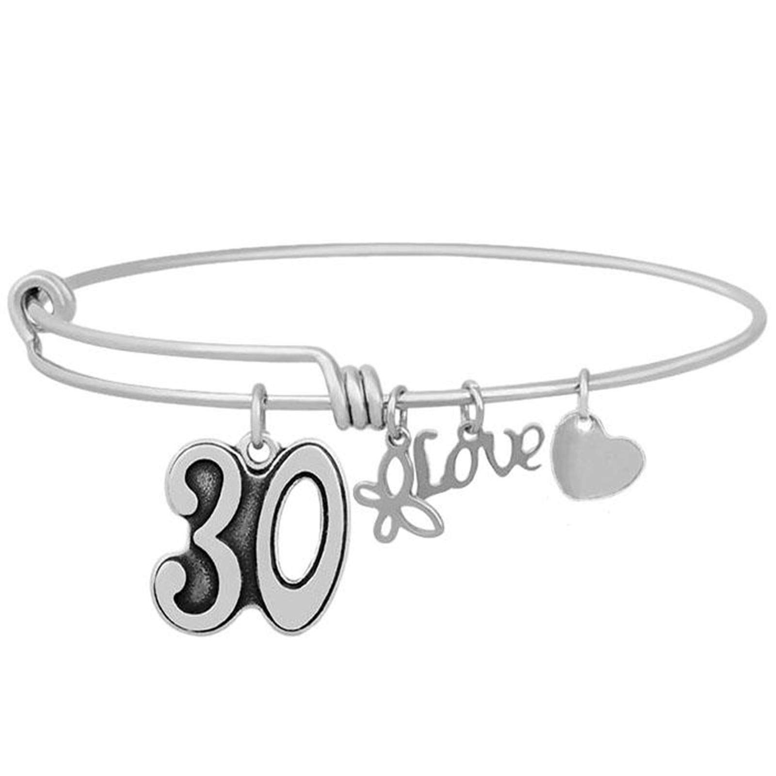 Charm Buddy Birthday Gifts for Her Stainless Steel Adjustable Bangle Bracelets for 16th 18th 21st 30th 40th 50th 60th Gift Box Set (4. 30th Birthday)