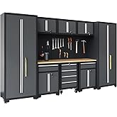 HPDMC Garage Storage Cabinet System 9-Pcs Workshop Set, Black | Garage Cabinets and Storage System w/ Steel Cabinet Drawers, Rolling Chest, Workbench, Pegboard for Garage Tool Organization