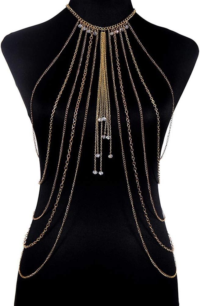 Body Chain Layered Sexy Gold Tassels Necklace Fashion Jewelry Belly Waist Bra Hot Bikini Beach Harness Birthday Anniversary Festival Gift for Women Lady Girls