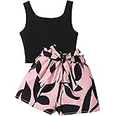 NEW 6-14 Years Seechosle Girls 2 Piece Outfits Ribbed Tank Top and Paperbag Shorts Set with Pockets