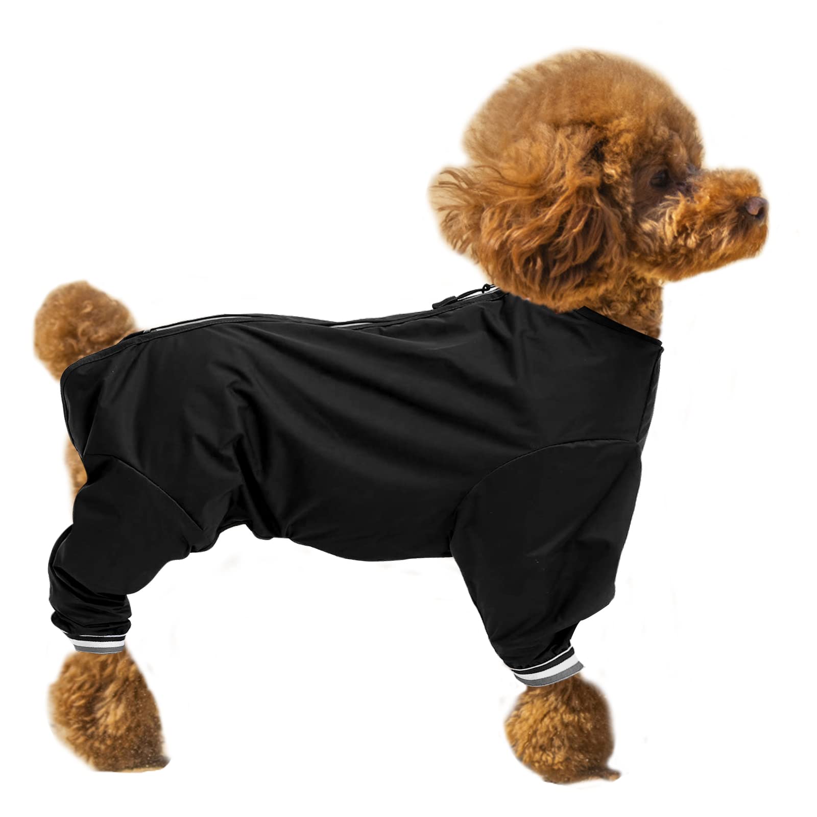 Dog raincoat, rain snow jacket, zipper in back, waterproof jumpsuit with collar hole and reflective strip - Black - M