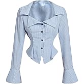 SweatyRocks Women's Striped Ruffle Shirts Crop Button Down Long Sleeve Slim Fit Blouse Business Work Shirt
