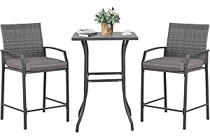 Verano Garden Modern 3-Piece Patio Bar Set, Outdoor Bistro Table with Wood-Look Top and High-Back Chairs with Soft Cushion, Grey