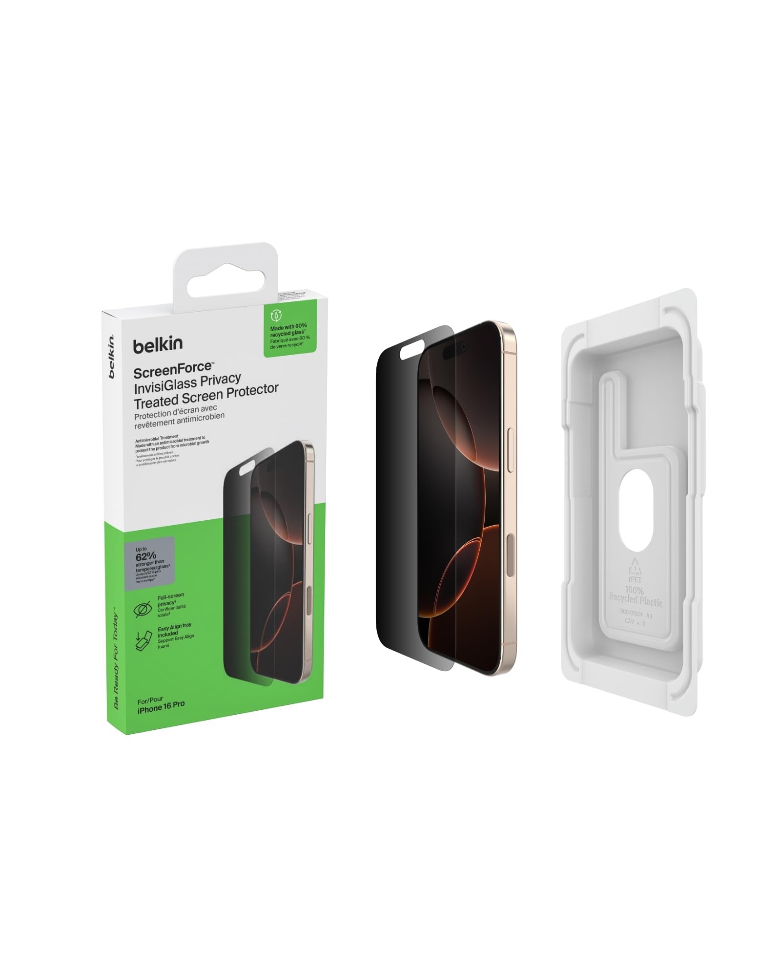 Belkin ScreenForce InvisiGlass Privacy Screen Protector for iPhone17 + iPhone 16 Pro, Scratch-Resistant Impact Protection with Included Easy Align Tray for Bubble Free Application, Recycled Glass