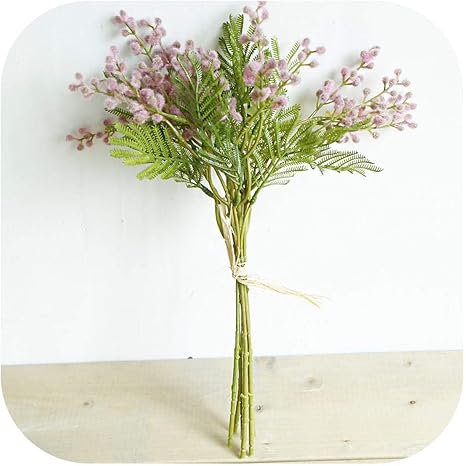 Amazon Co Jp リアルタッチ造花 造花束花束アカシア花嫁保持ブーケふわふわプラスチックシダ偽植物ホームリビングルームテーブルデコレーション ピンク ホーム キッチン