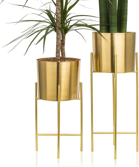 Ezzu crafts Set of 2 Modern Planters with Stand, 7 Inch Large Planter Pots with Metal Stands, Flower Pot Living Room Decor for Orchid, Aloe, Large Cactus Plants, 16 and 20 Inch Tall Colour (Gold)