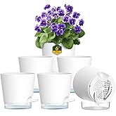 Meowell 6 inch Self Watering Pots for Indoor Outdoor Plants, 6 Pack Flower Plant Pots with Drainage Holes and Clear Reservoirs, Visible Water Level, Plastic Planters with Wicking Rope, White