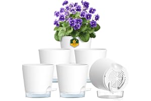 Meowell 6 inch Self Watering Pots for Indoor Outdoor Plants, 6 Pack Flower Plant Pots with Drainage Holes and Clear Reservoirs, Visible Water Level, Plastic Planters with Wicking Rope, White