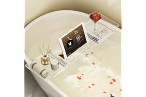 Emiif Expandable Bathtub Caddy Tray with Wine and Book Holder, Acrylic Bath Tub Shelf for Spa, Fits Up to 29.5 Inch Width, Cl