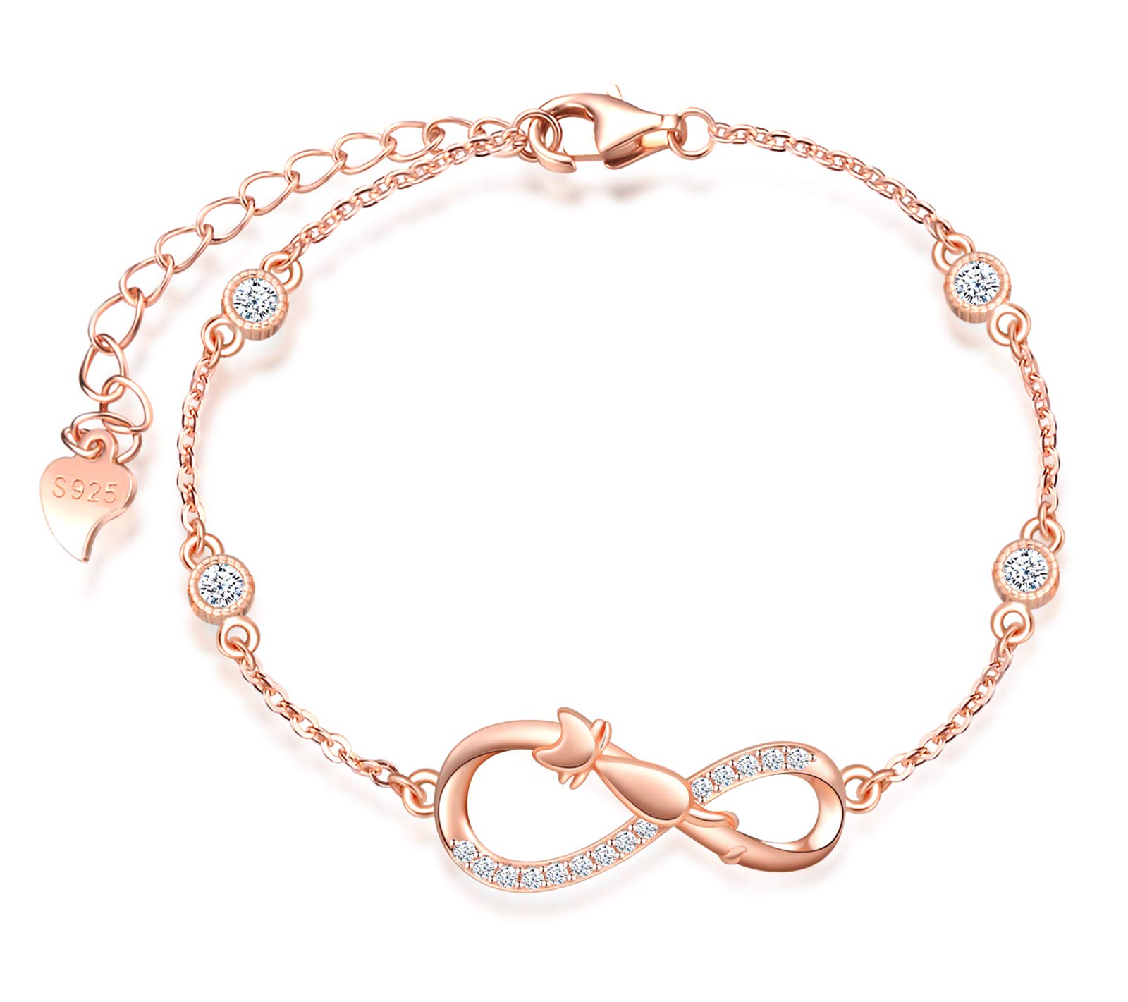 INFINIONLY Women's Girl's 925 sterling silver Bracelet, Cute cat and infinity symbol bracelet, Inlaid zircon, rose gold, Christmas Valentine's Day and Birthday gift